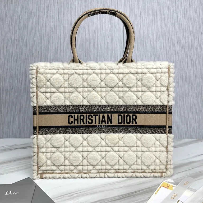 Cream Shearling Dior Tote — Textured Luxury with Bold Signature Band — view 1