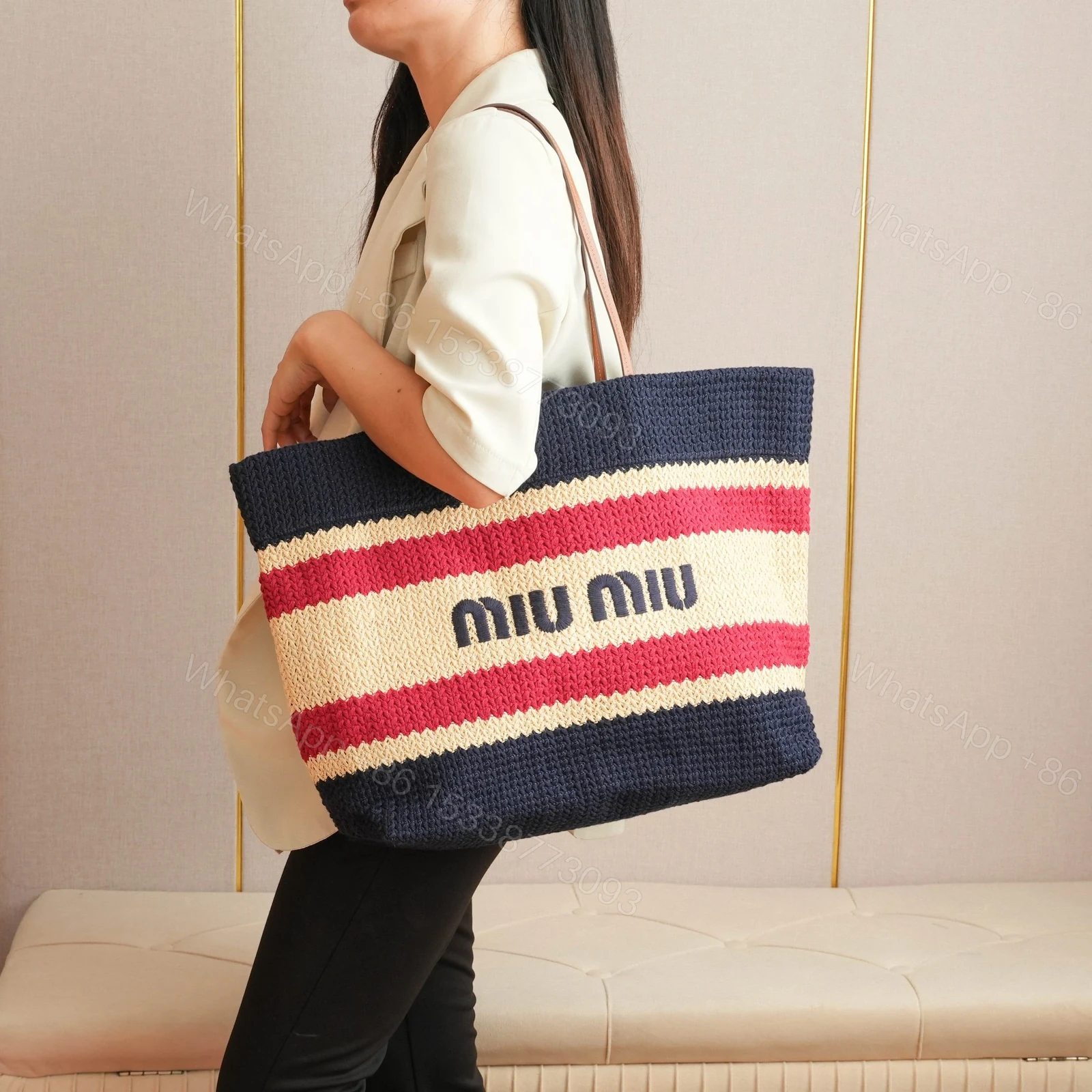 View 10 of 高仿miumiu*5BG228拼色LOGO手提包深藍色免檢版