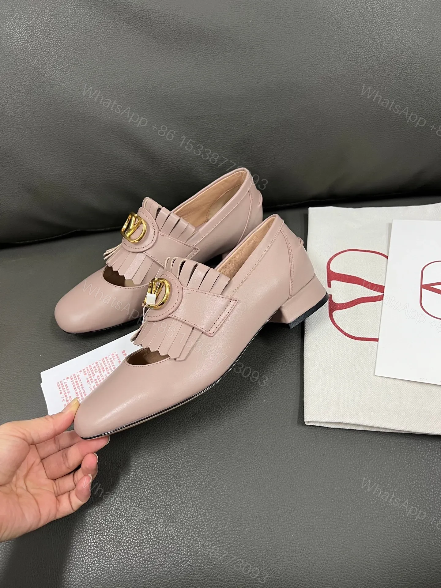 View 4 of Valentino Women Pink Leather Fringe Loafers