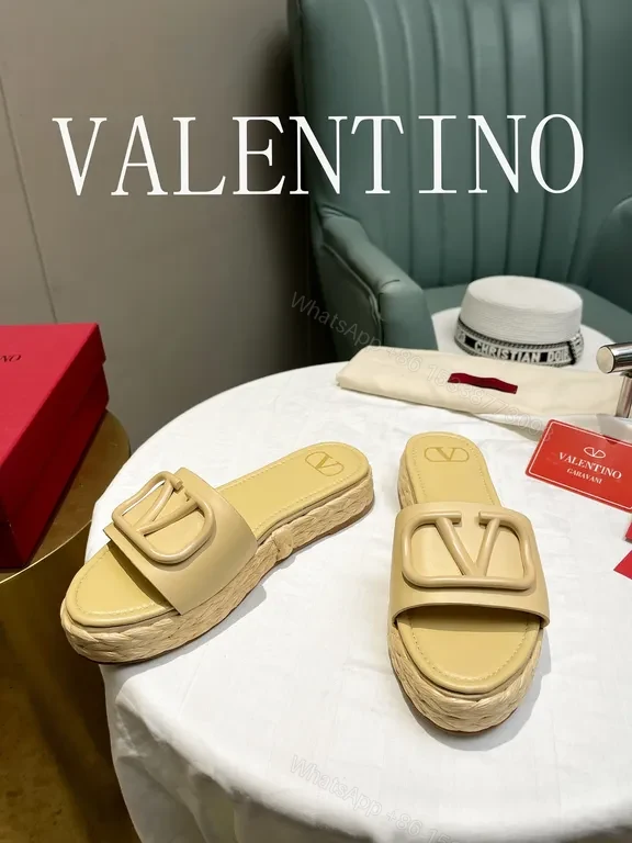 View 3 of Valentino Garavani Slides: Beige Calf Leather, V Logo, Comfort