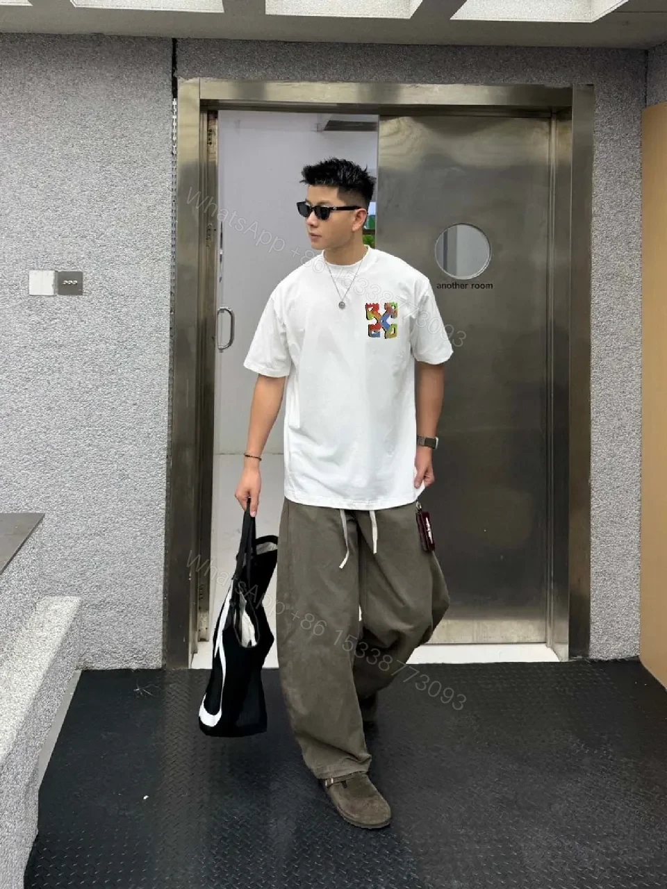 View 7 of Multicolor Off-White Logo Graphic Oversized Tee, Premium Cotton