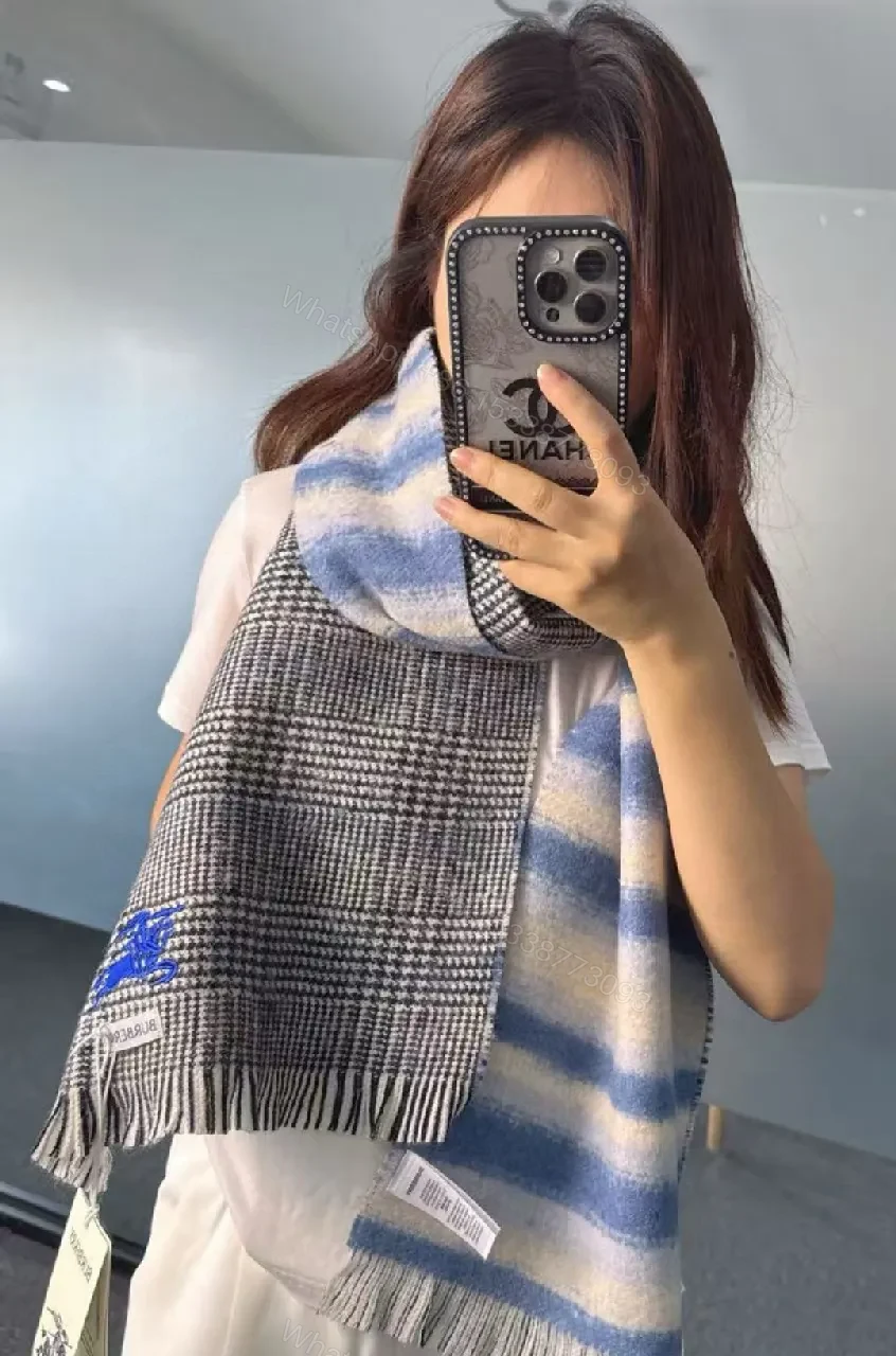 View 10 of Cozy Plaid Scarf – Soft Knit, Fringed Ends, Navy Embroidery