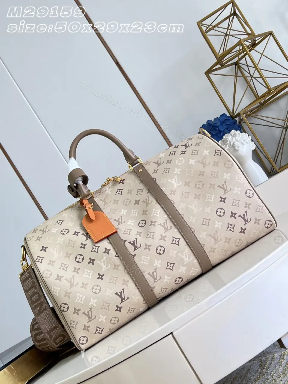 View 4 of Beige Taupe LV-Style Monogram Duffel Bag with Gold Hardware