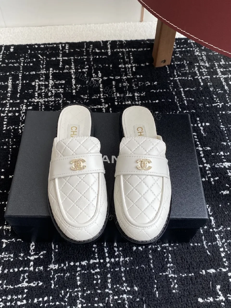 View 2 of Quilted White Leather Slides - Gold Hardware Luxury Slip-Ons