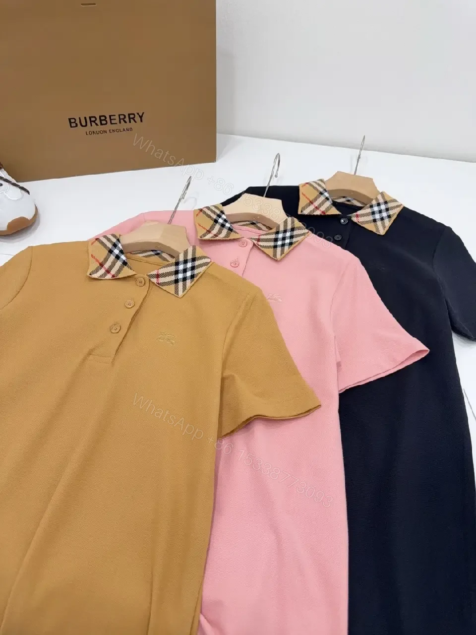 View 8 of Mustard Cotton Polo with Burberry-Style Plaid Collar
