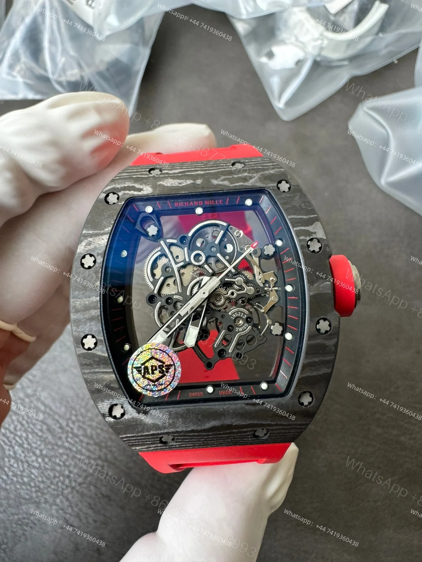 View 2 of Super Clone Richard Mille RM 055 Carbon TPT Red Rubber Strap 1:1 Replica Watch