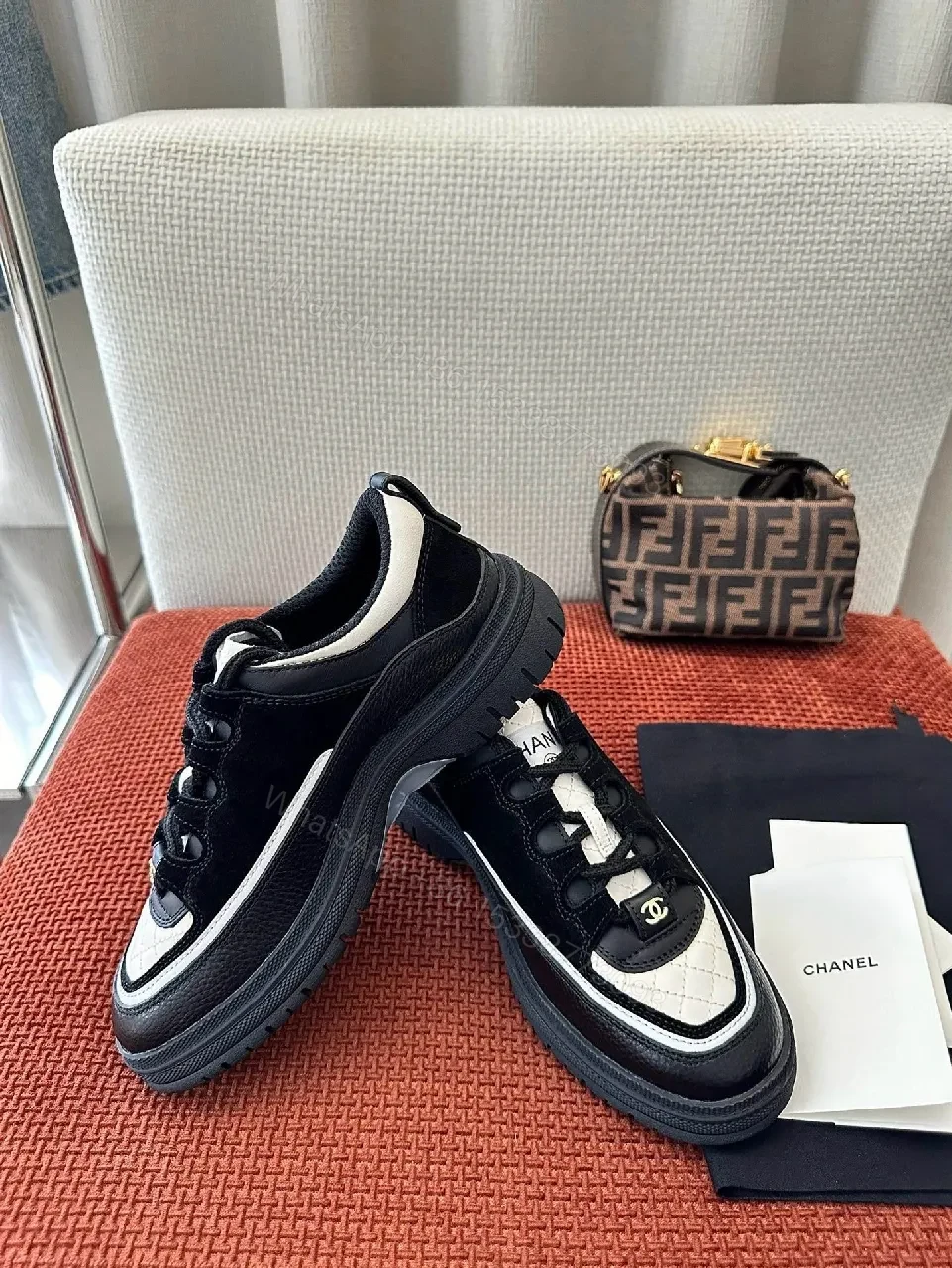 View 9 of Chic Black-White Leather High-Top Sneakers with Couture Detailing