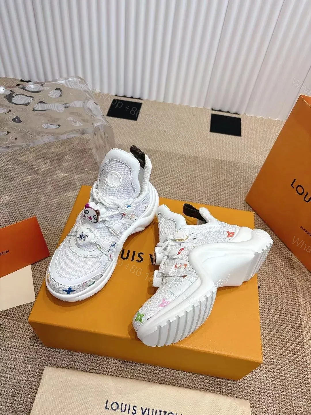 View 5 of LV Women White Mesh Multicolor Logo Sneakers