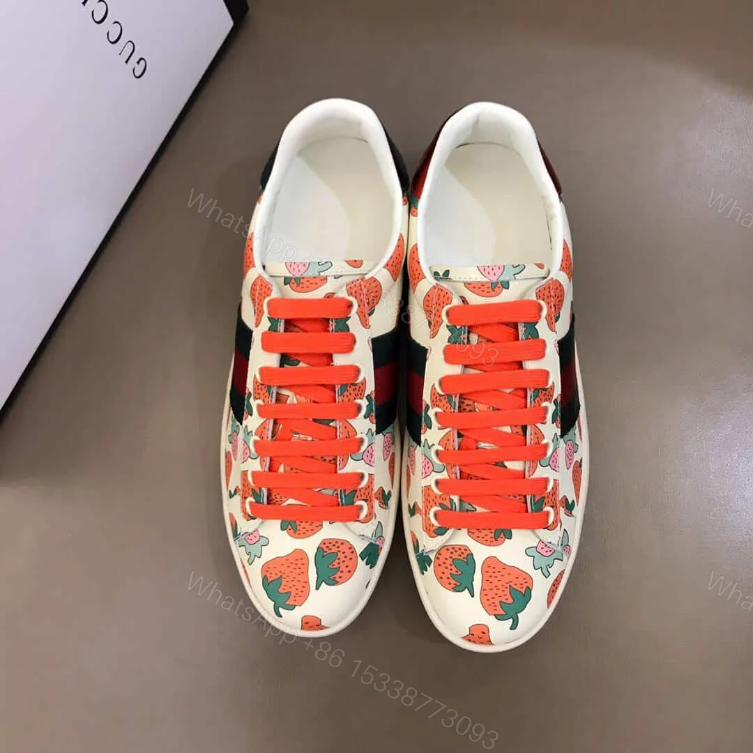 View 3 of GUCCI ACE LEATHER SNEAKER WITH GUCCI STRAWBERRY PRINT – GC10