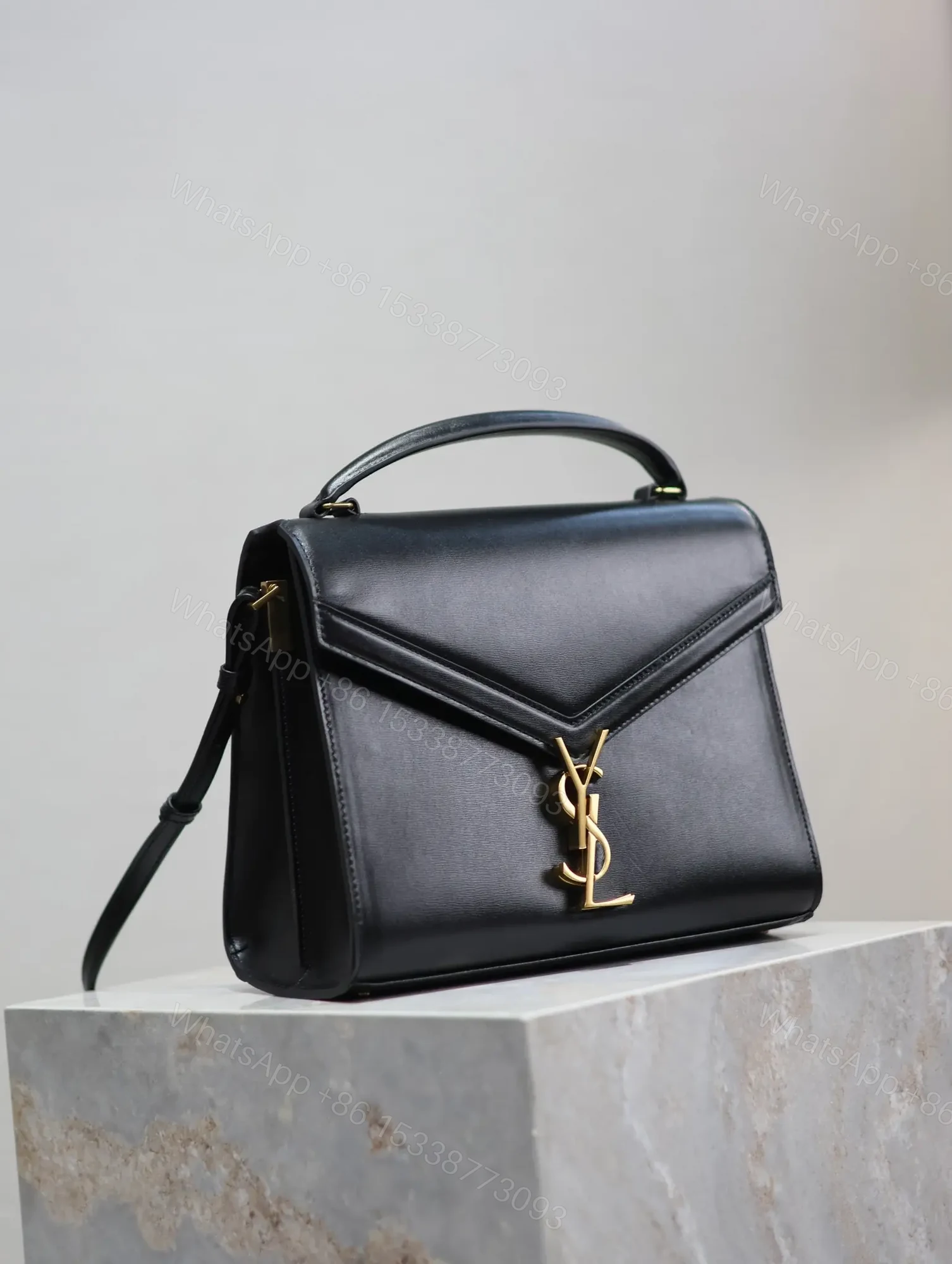 View 8 of YSL CASSANDRA TOP HANDLE BAG MEDIUM BLACK SMOOTH LAMBSKIN GOLD HARDWARE