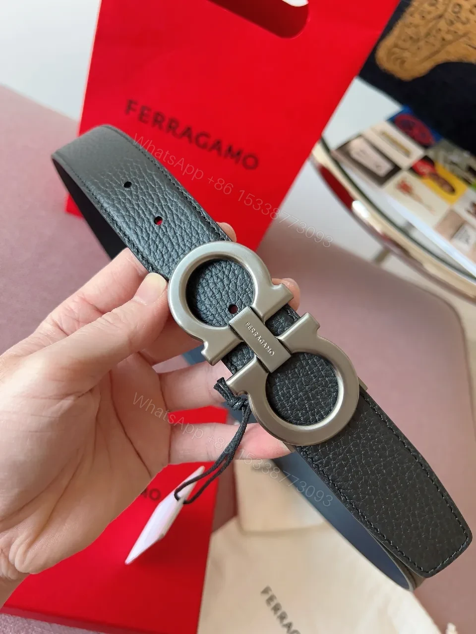 View 6 of Pebble Leather Belt with Bold Ferragamo-Style Buckle, Black, 1.5"