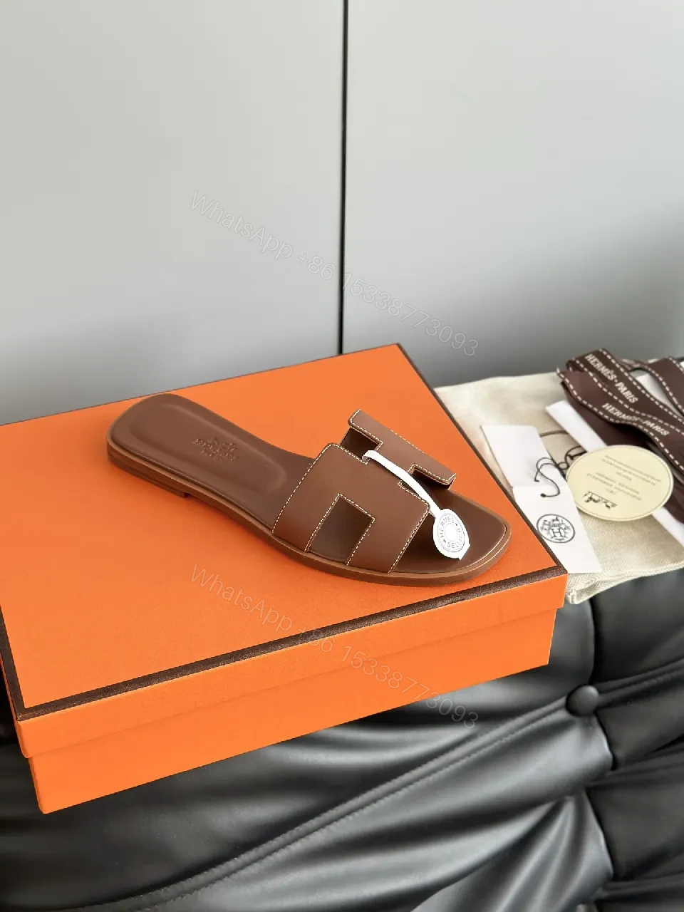 View 3 of Brown Leather Sandals with H-Strap Comfort