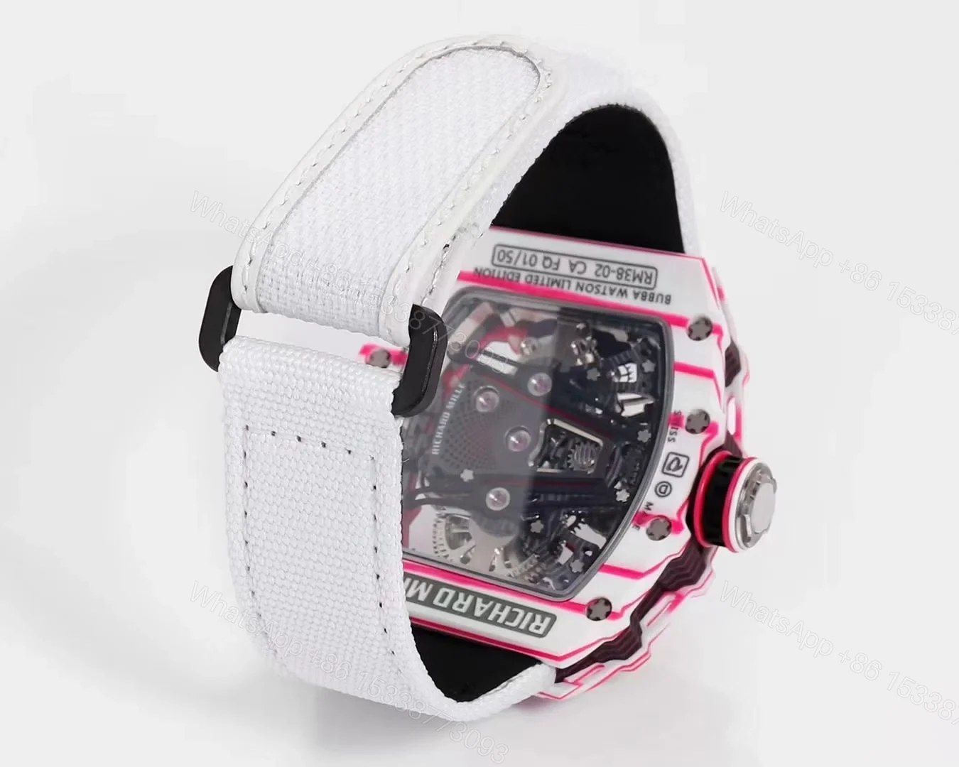 View 9 of Richard Mille RM38-02 Tourbillon Bubba Watson Watch White Strap Pink Quartz Carbon Fiber Skeleton Dial Golf Inspired Manual Winding Movement RM38-02-BW-WSP-PINK