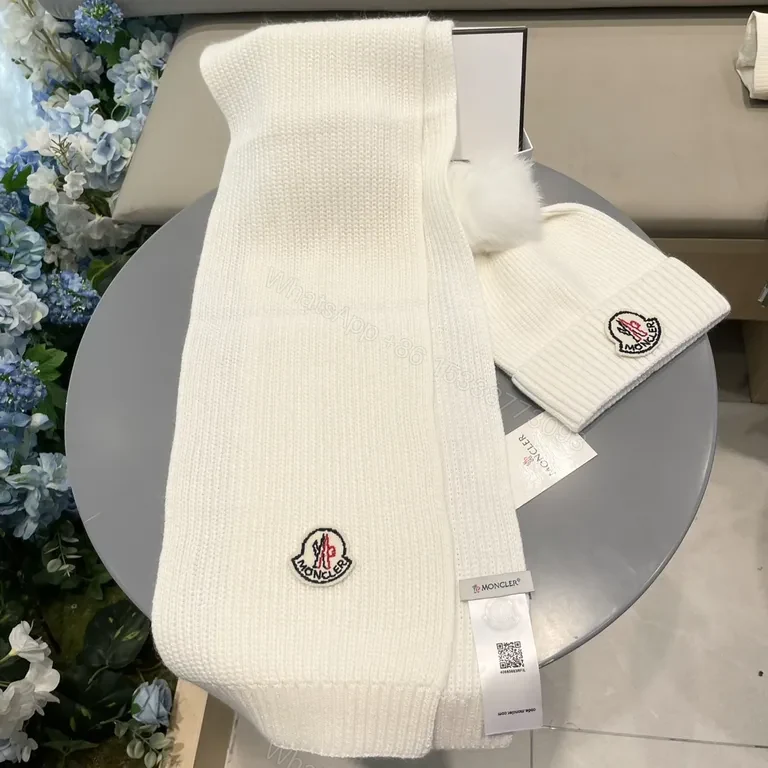 View 7 of Cozy Luxe Knit Set: White Beanie & Scarf with Moncler Patch