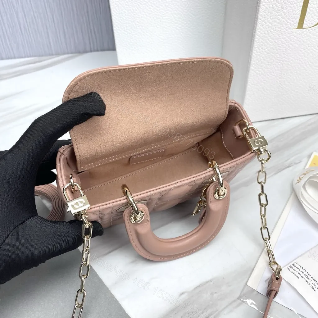 View 9 of Soft Pink Quilted Mini Crossbody with Gold Charms - Compact Luxury Bag