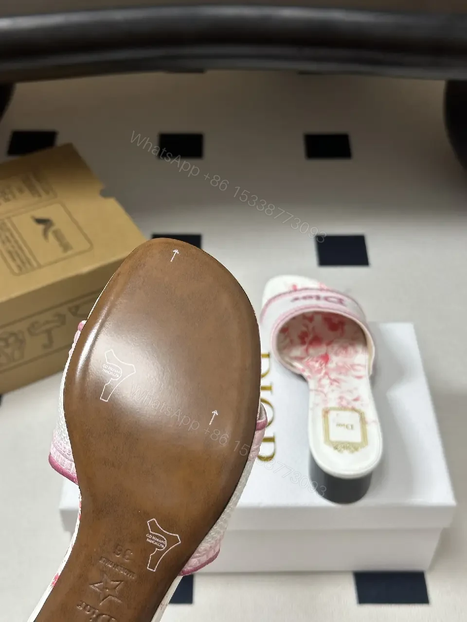 View 2 of pink and white monogram-patterned slide sandals with block heel for everyday luxury