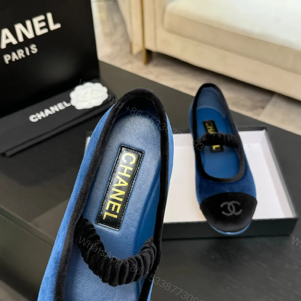 View 8 of Blue Velvet Ballet Flats with Black Cap-Toe Detail