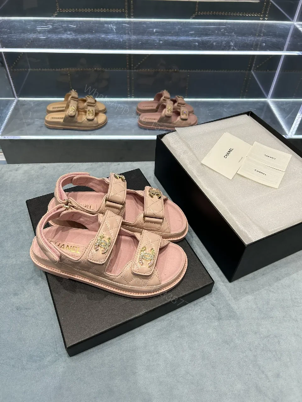 View 4 of Soft Pink Quilted Sandals with Gold Emblem Embellishment