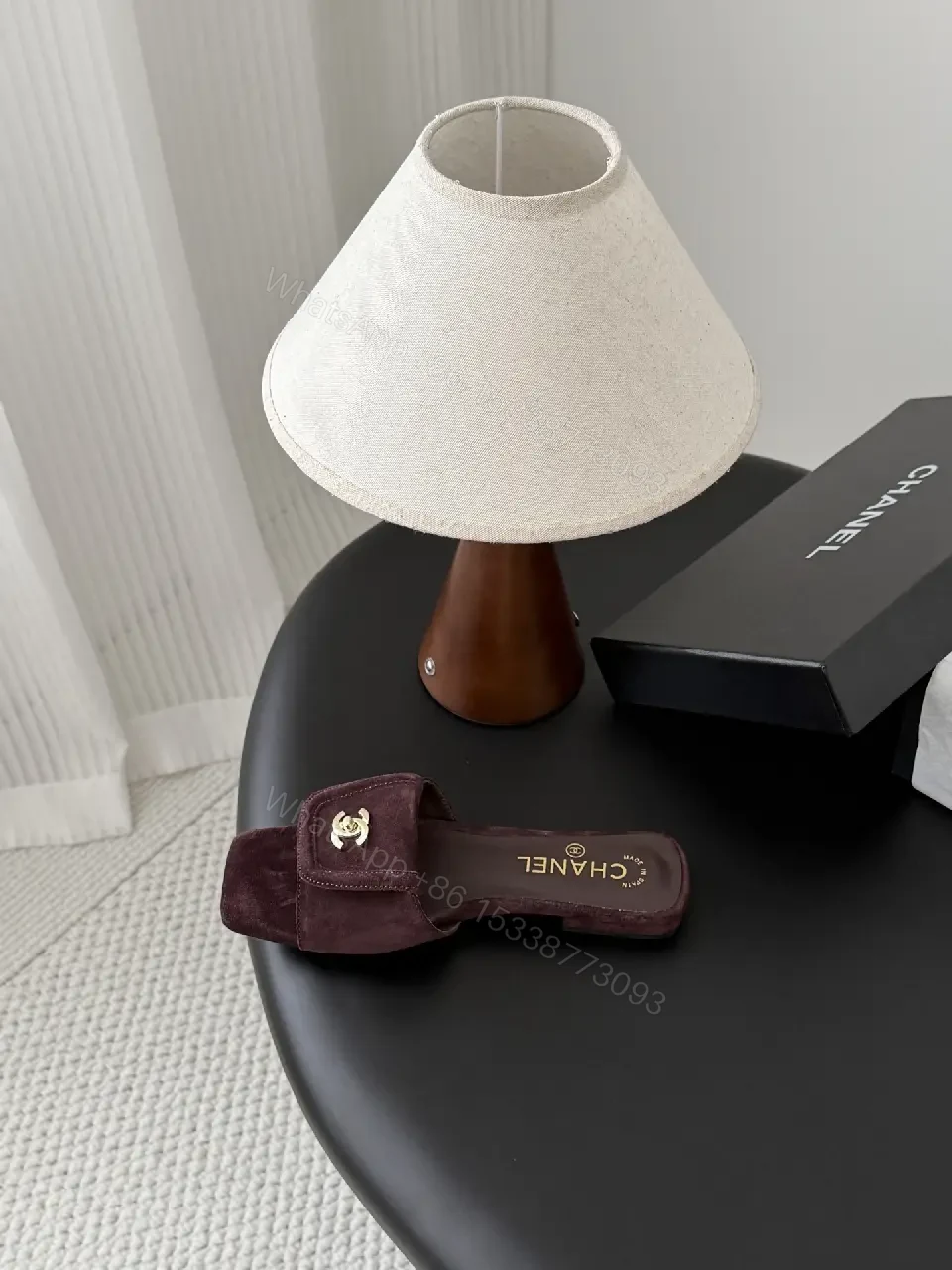 View 7 of Suede Mules with Gold Logo Hardware — Burgundy, Square-Toe, Cushioned Comfort