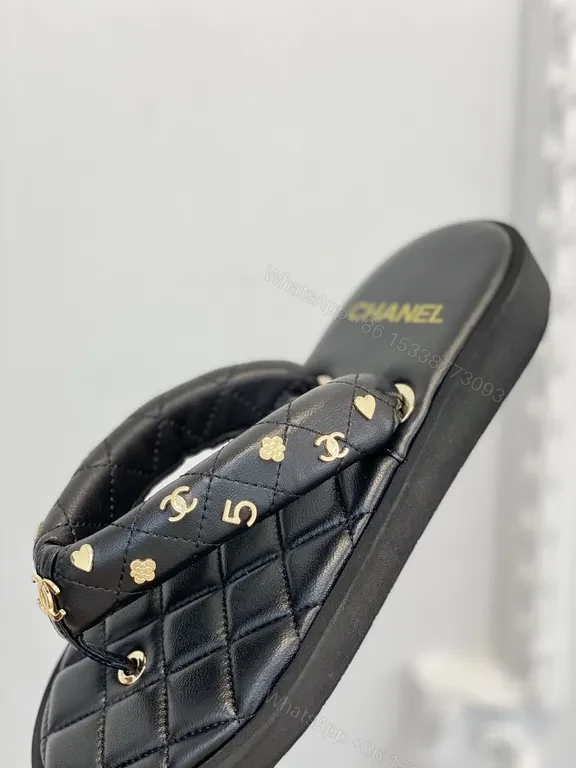 View 6 of Quilted Leather Chanel-Style Slides with Gold Logo Accents