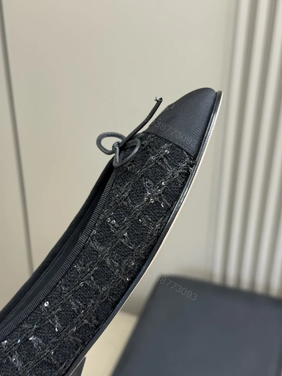 View 3 of Textured Black Ballet Flats with Satin Bow, Luxury Style, Comfort-Hub Flats