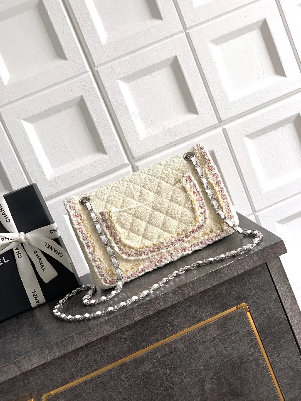View 2 of Tweed-Texture Chain-Stride Flap Bag, Compact Luxury