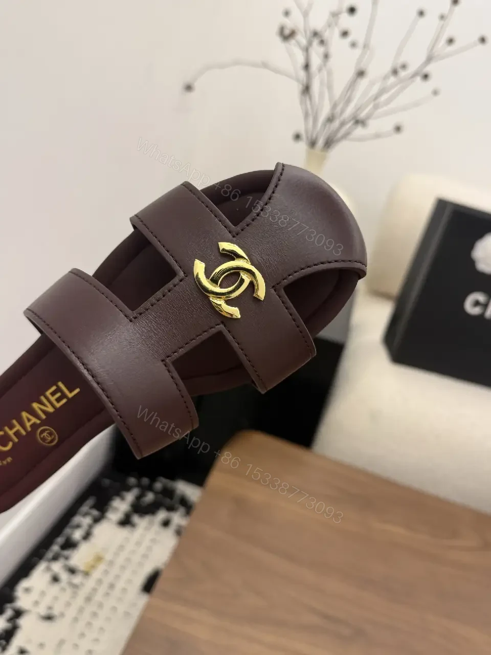 View 8 of Brown Leather Sandals, Gold CHANEL Logo, Slides, Open-Toe Style