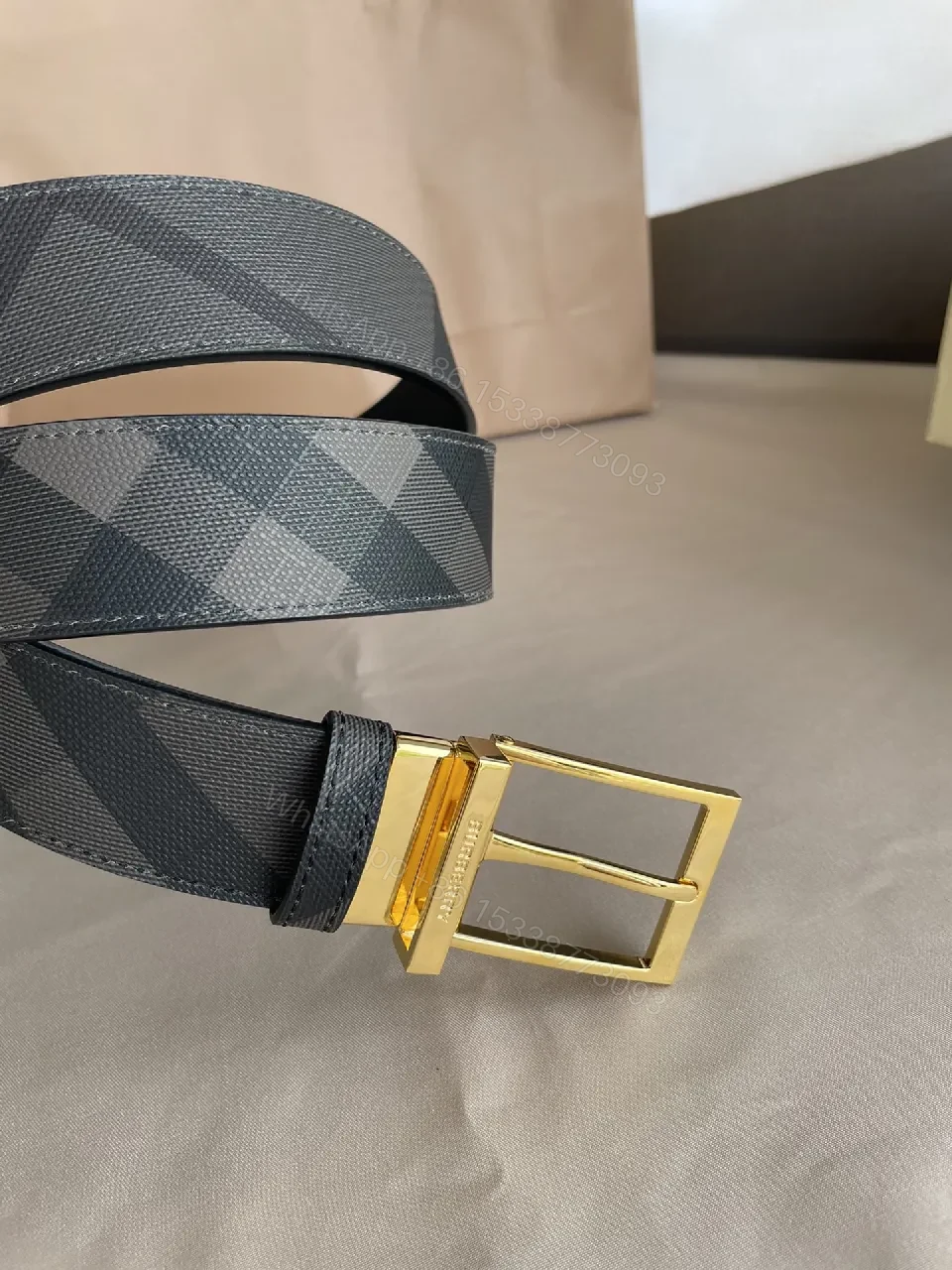 View 4 of Patterned Luxury Belt: Checkerboard, Gold Buckle, Leather Waistwear