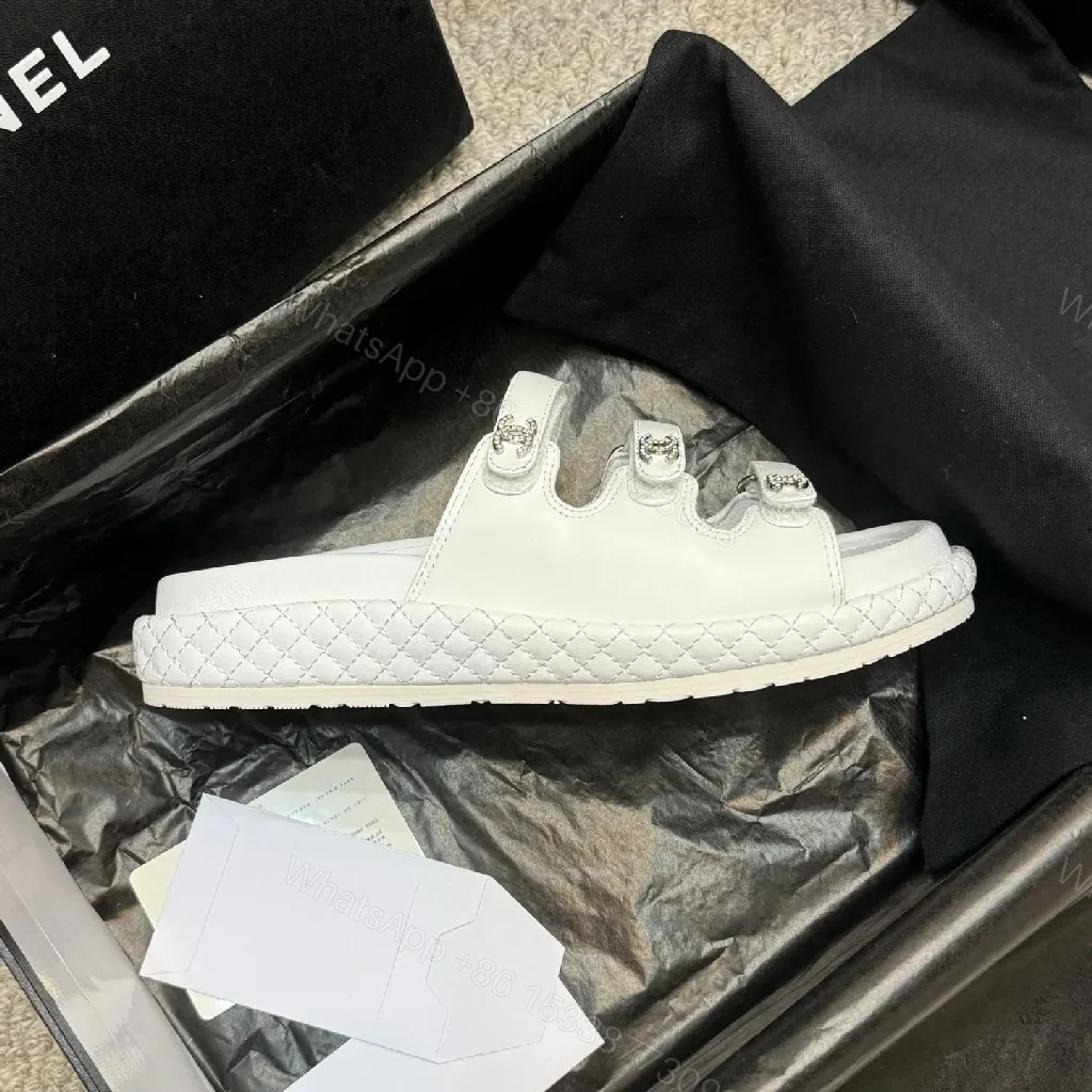 View 4 of White Quilted Sandals with Crystal Hardware - Luxe Comfort Sandals