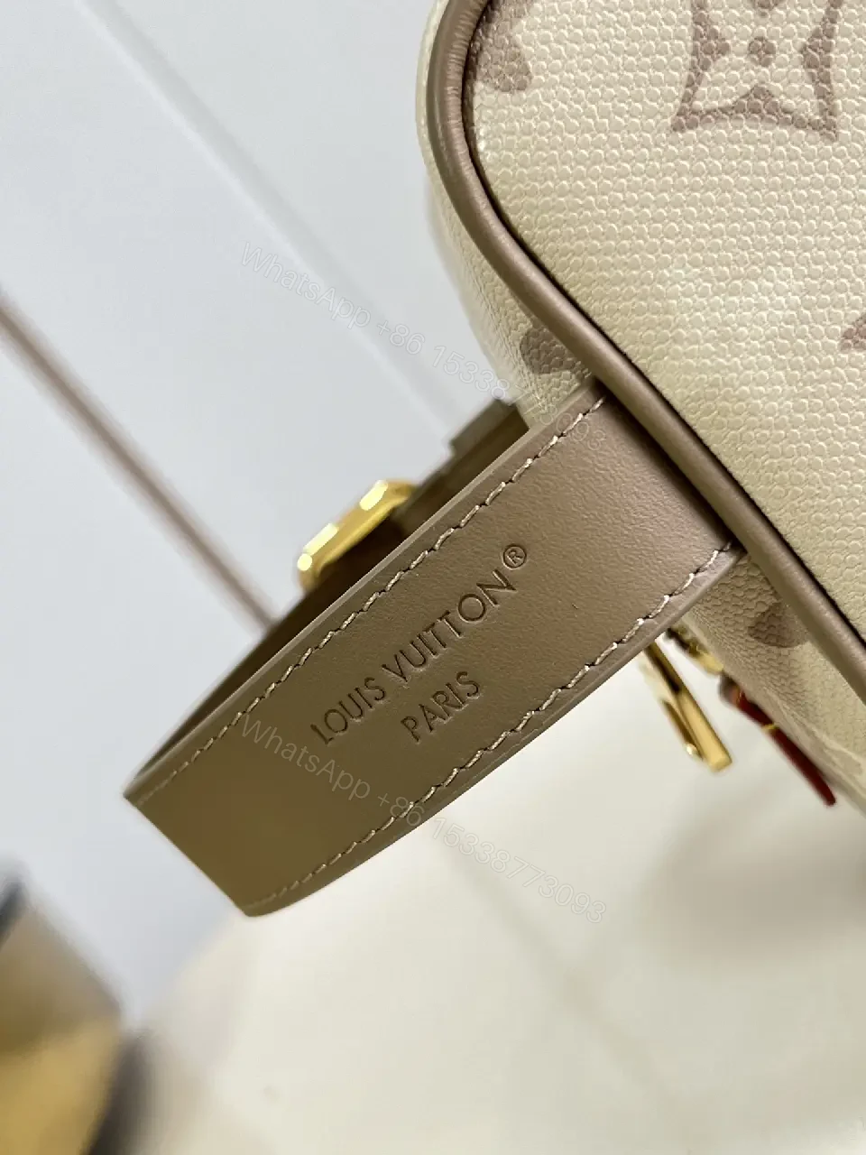 View 3 of Beige LV Monogram Cosmetic Pouch: Structured, Top Zipper