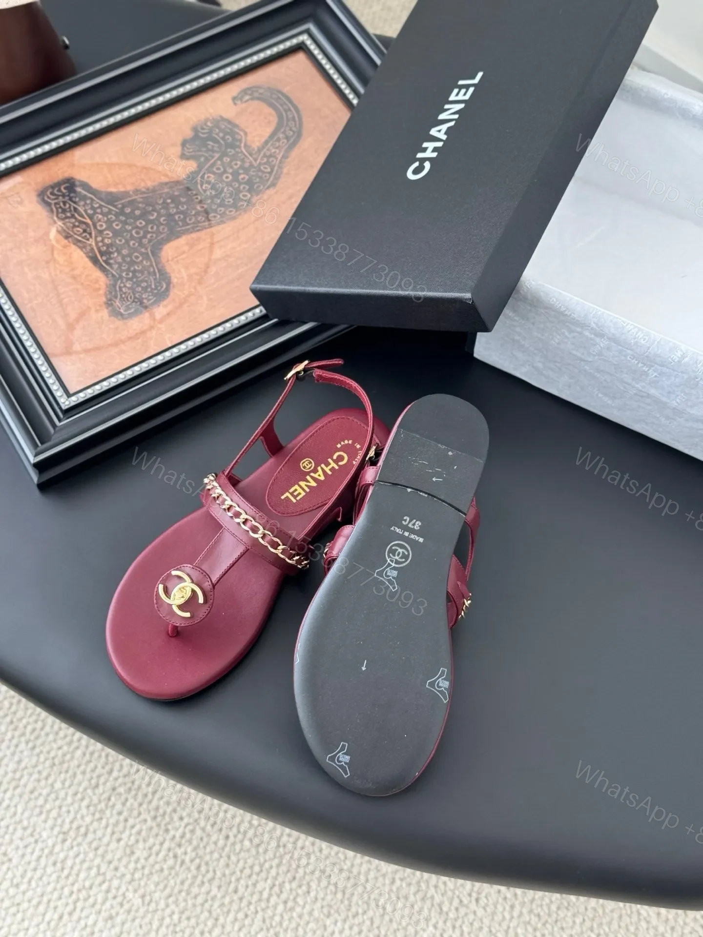 View 4 of Chanel Women Burgundy Leather Sandals