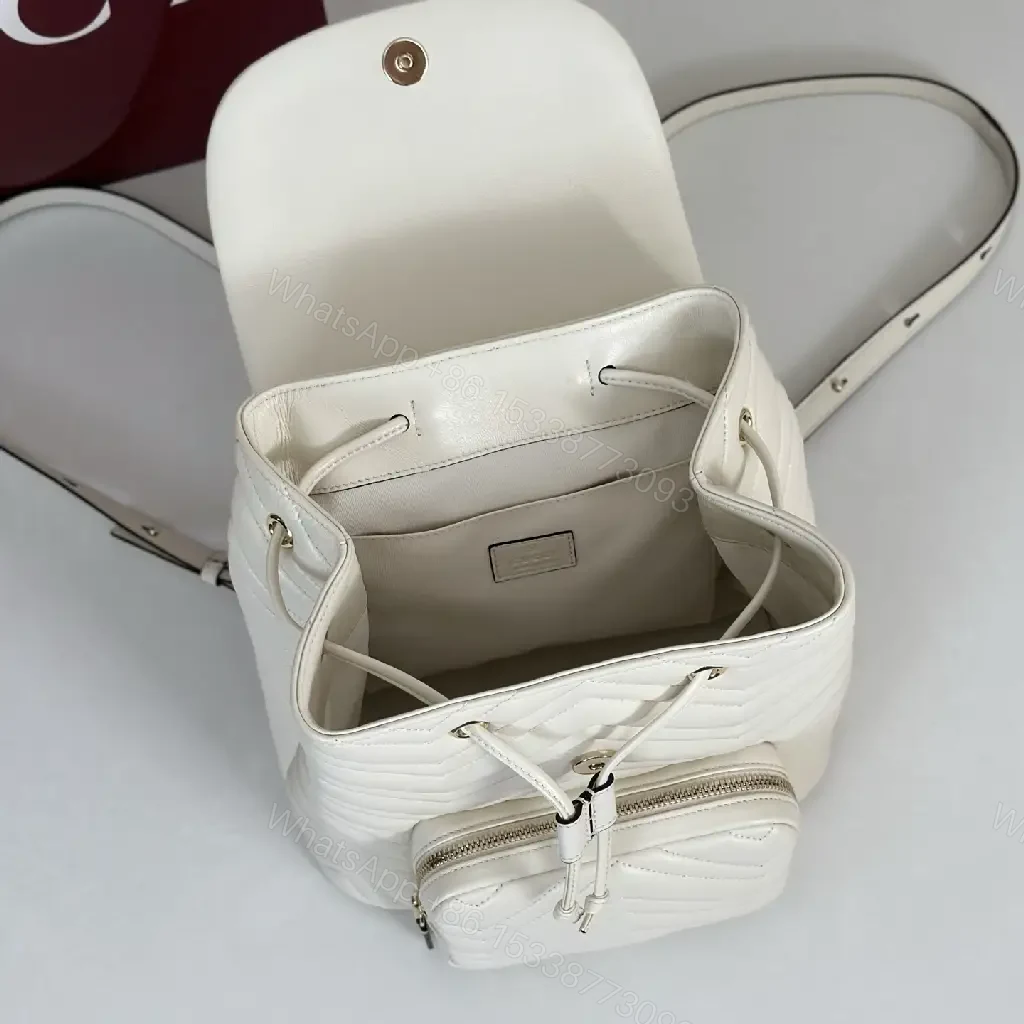 View 4 of Off-White Cream Quilted Chevron Backback with Gold Logo Flap