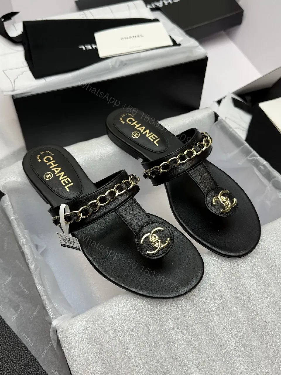 View 7 of Black Leather Chain Sandals, Gold-Tone Detail, Open-Toe, Comfort