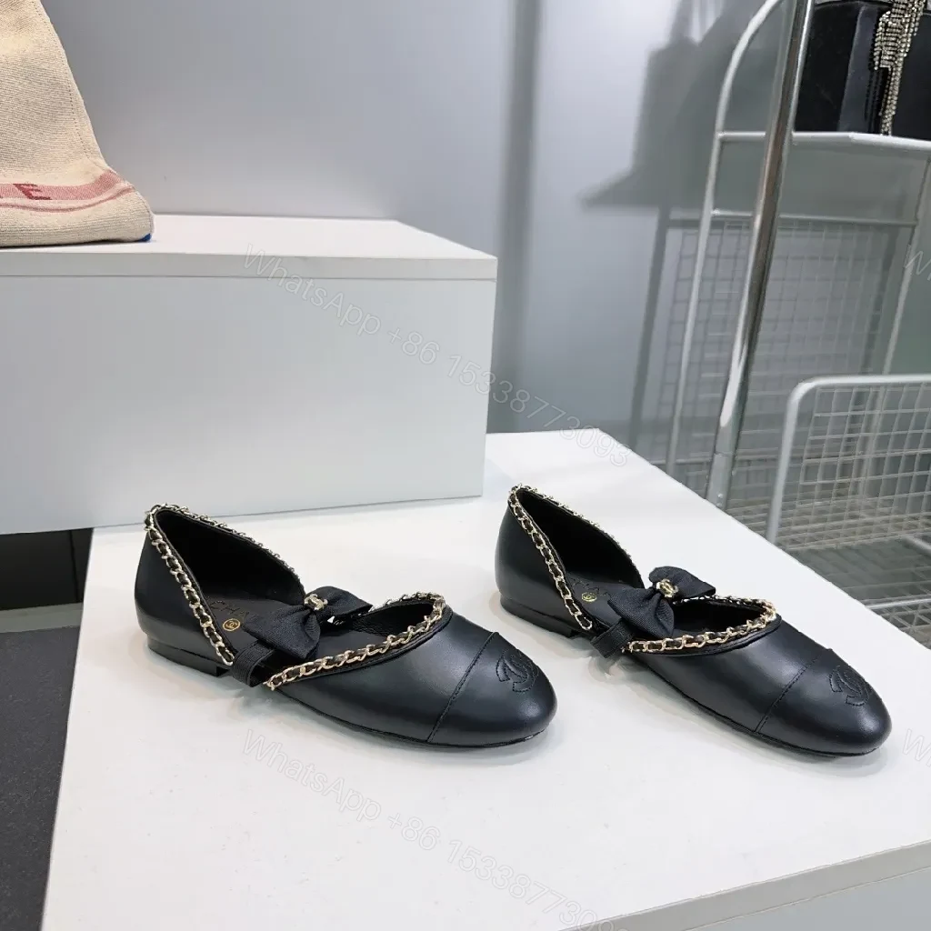 View 5 of Chic Leather Ballet Flats with Chain Trim and Bow