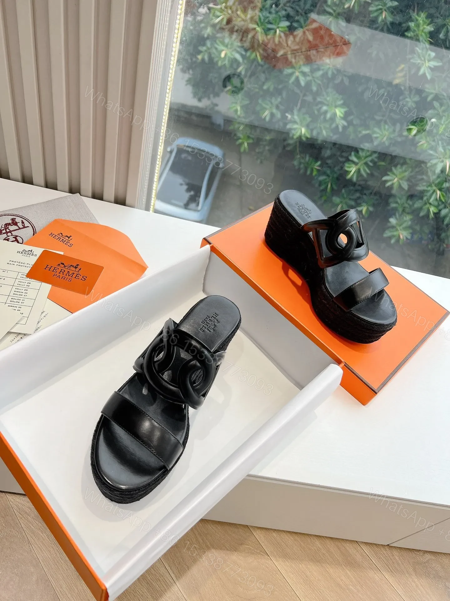 View 4 of Hermes Women Black Leather Slip-On Sandals