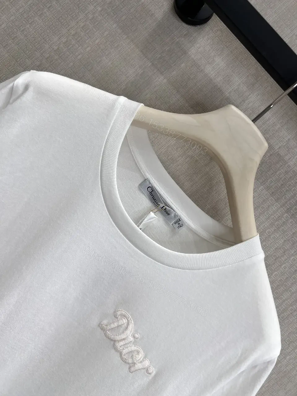 View 4 of White Cotton Minimalist Tee with Embroidered Dior Logo T-Shirt