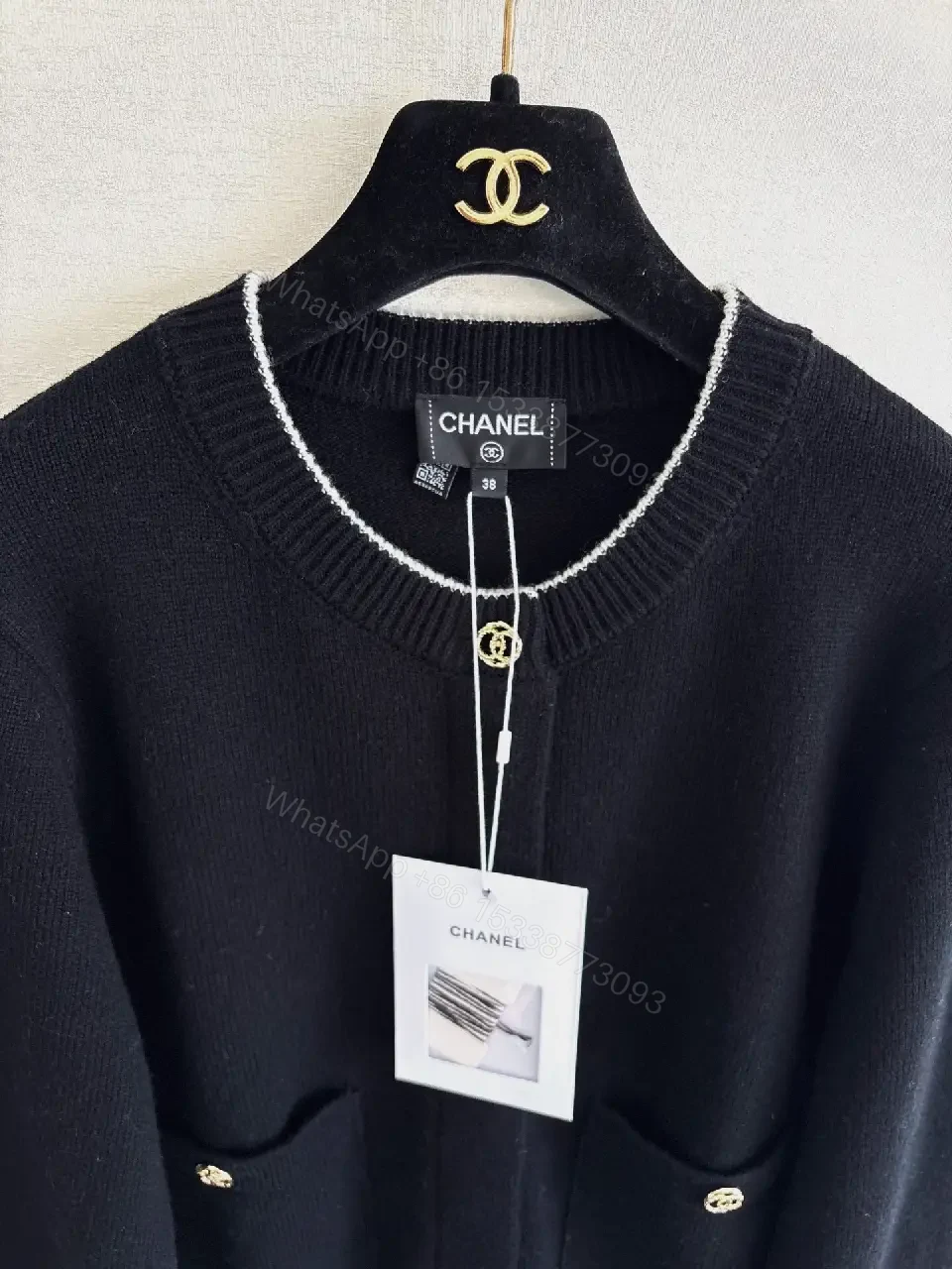 View 2 of Black Knit Jacket with White Piping & Gold Hardware