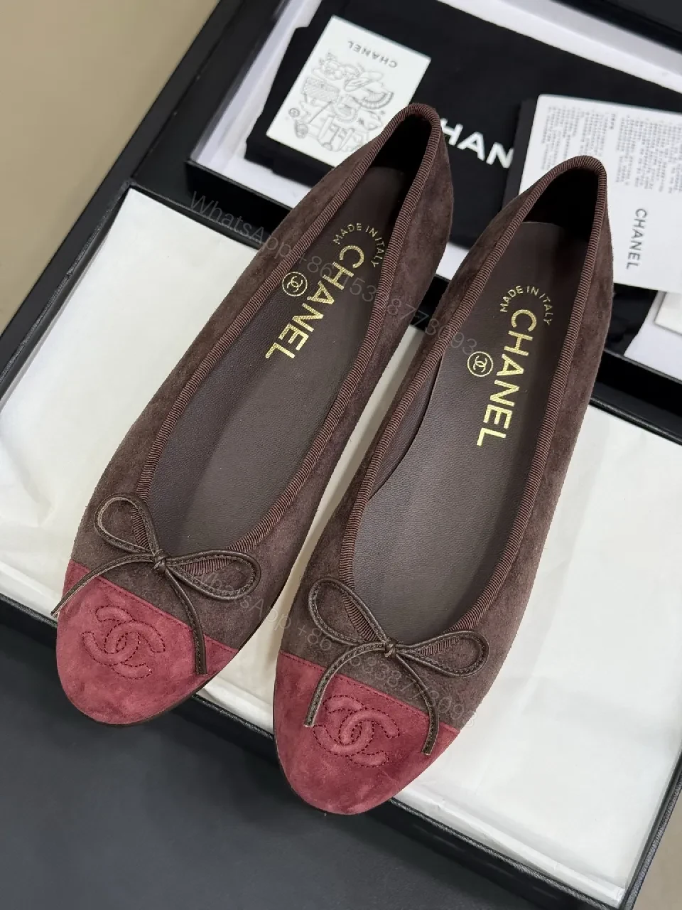 View 4 of Two-Tone Burgundy Suede Ballet Flats with Bow and Embossed Toe