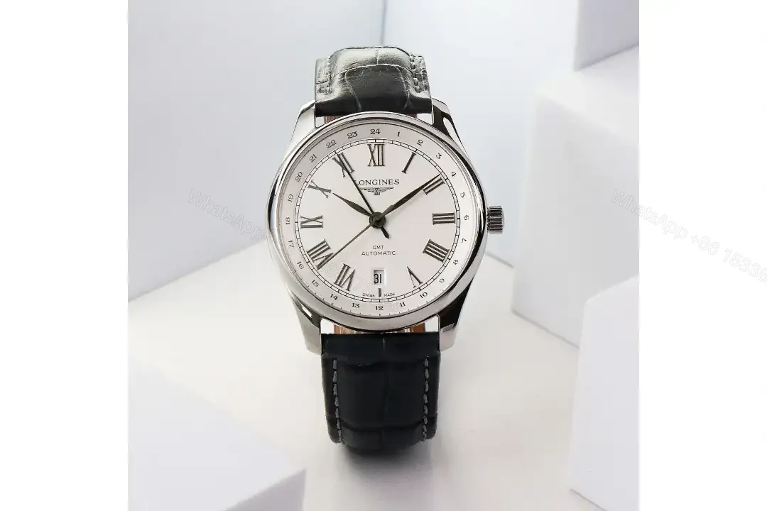 Longines Master Collection GMT Watch Silver Dial Black Leather Strap 40mm Case — view 1