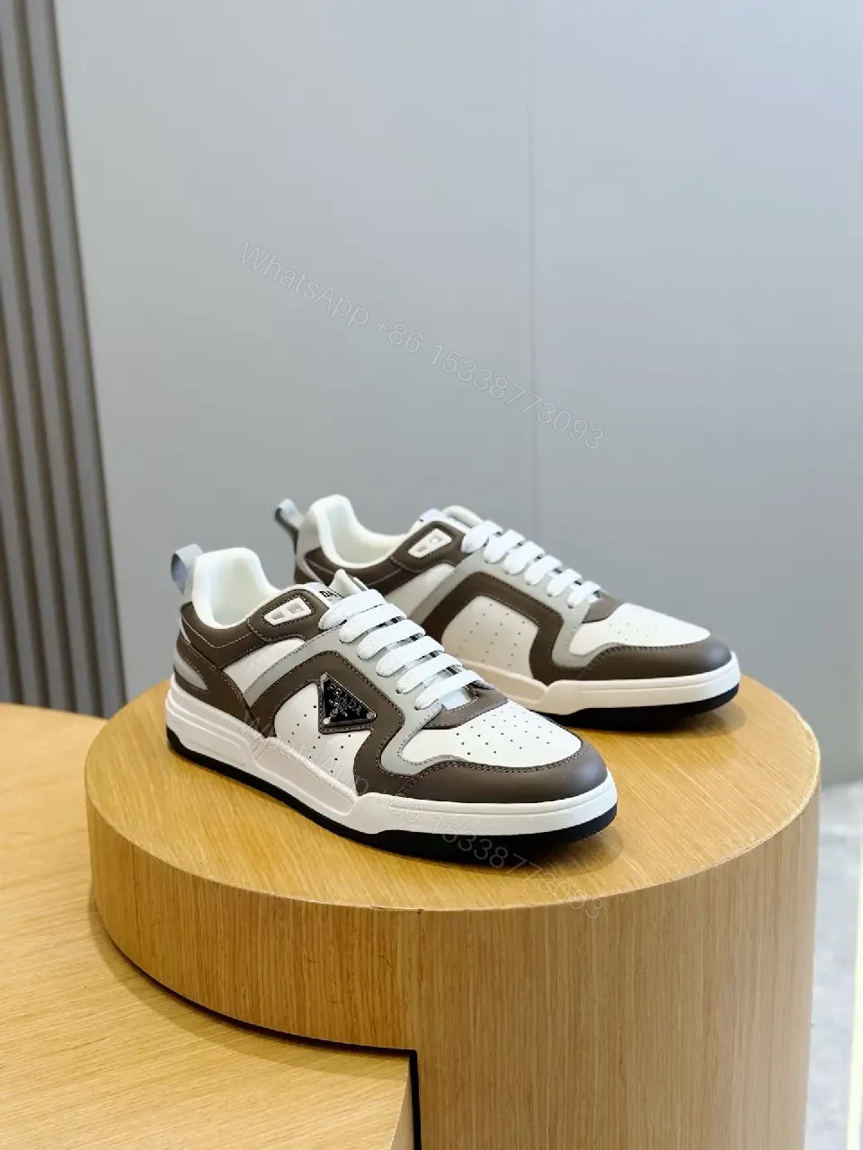 View 5 of White Brown Leather Sneaker with 3D Prada Logo, Lightweight Casual Shoes