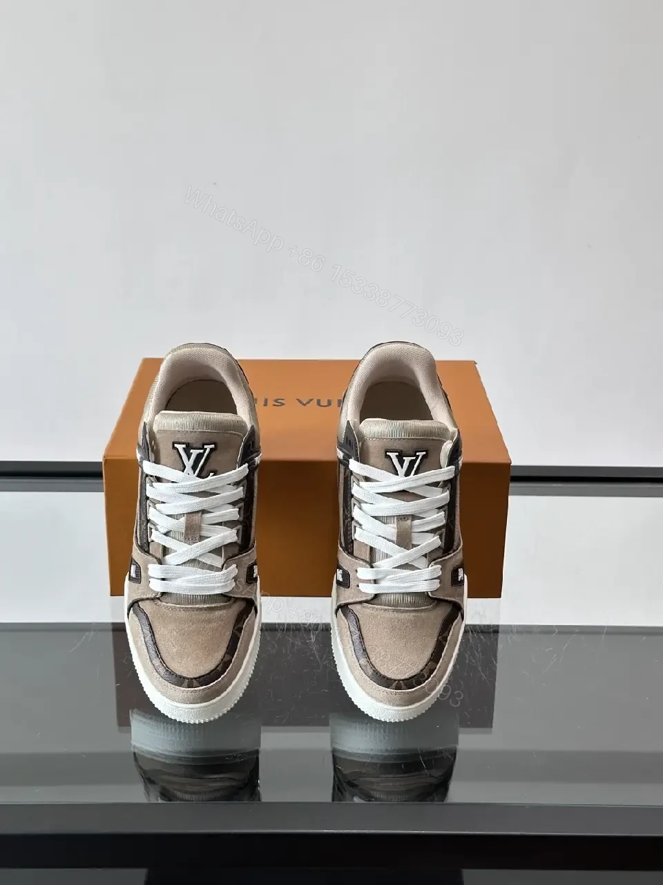 View 4 of Beige Suede Fabric Style Trainer Louis Vuitton Inspired Sneakers