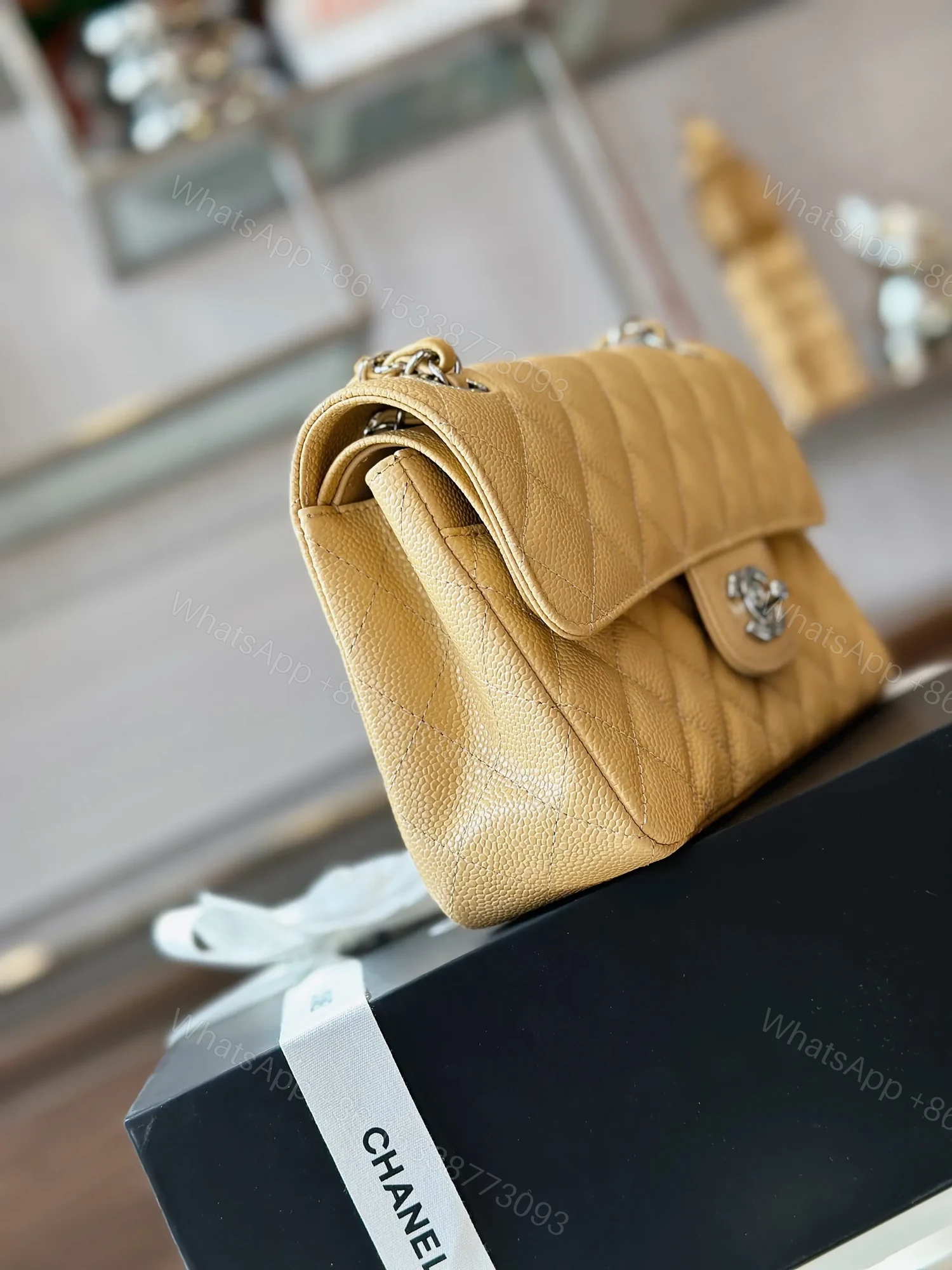 View 2 of Chanel Classic Like Auth Handbags Beige Leather With Lizard Skin 23cm