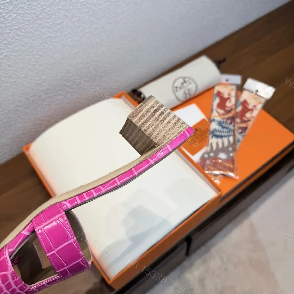 View 2 of Pink Croc-Embossed Sandals with Buckle – Hermès Style Slide
