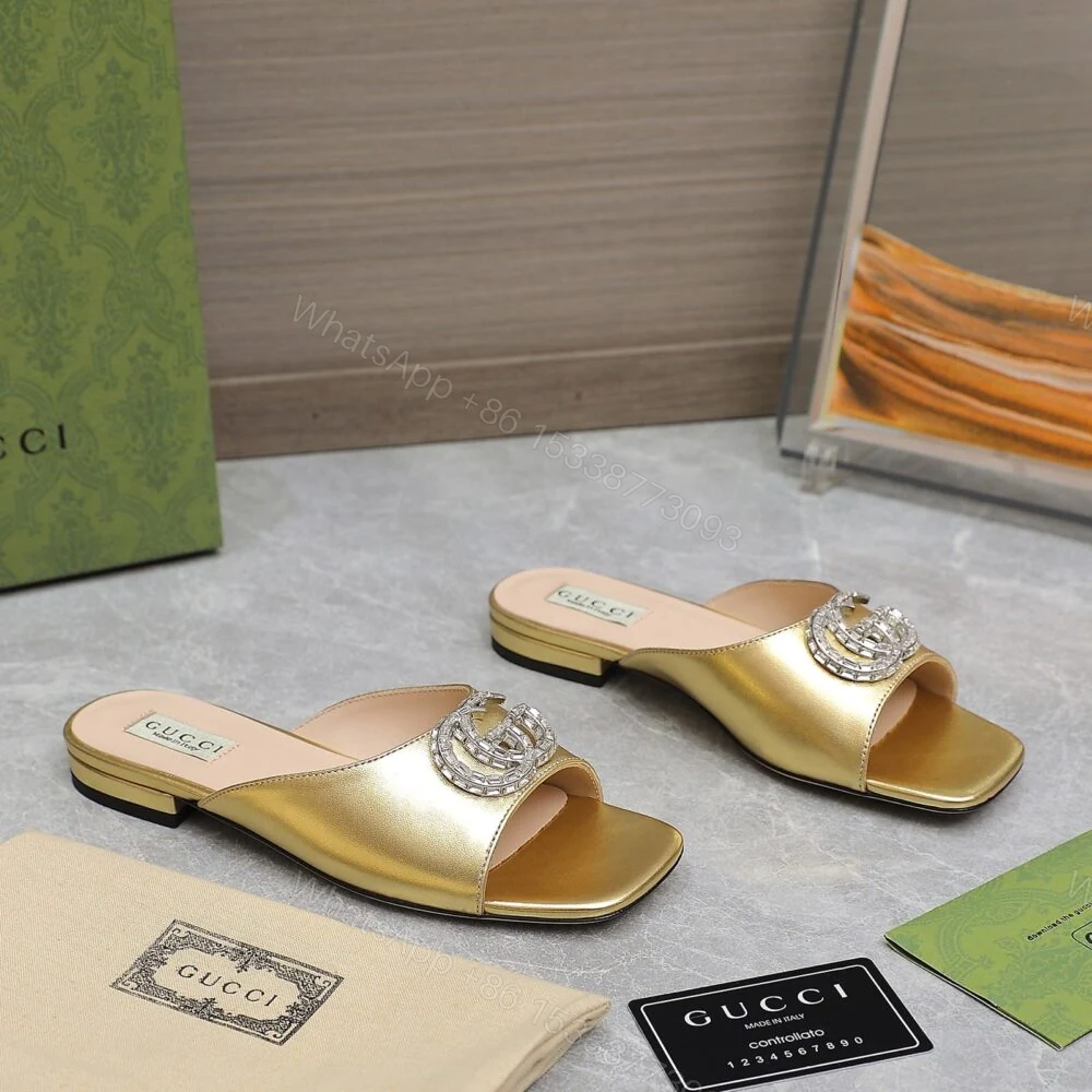View 3 of Gucci GG Crystal Slippers Gold