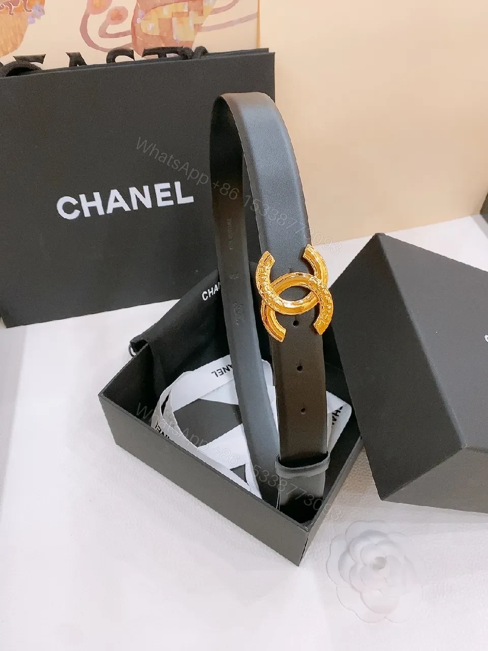 View 5 of Chic Leather Belt with Gold Double-C Buckle, Versatile Style