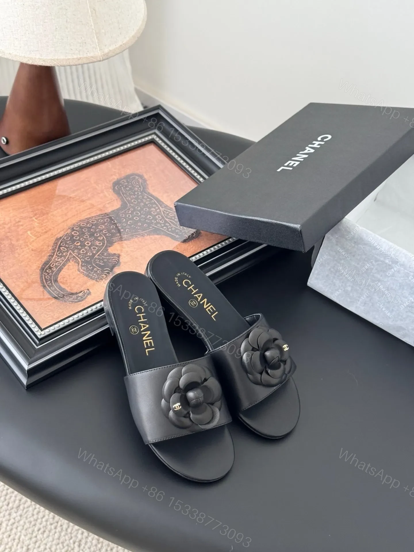 View 6 of Chanel Women Black Leather Flower Detail Slides