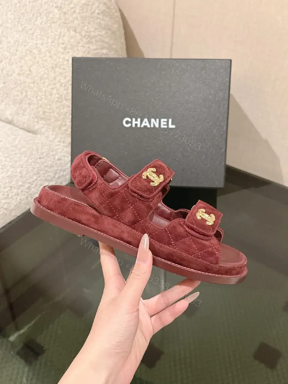 View 6 of Textured Burgundy Suede Slides with Gold Hardware - Luxe Comfort