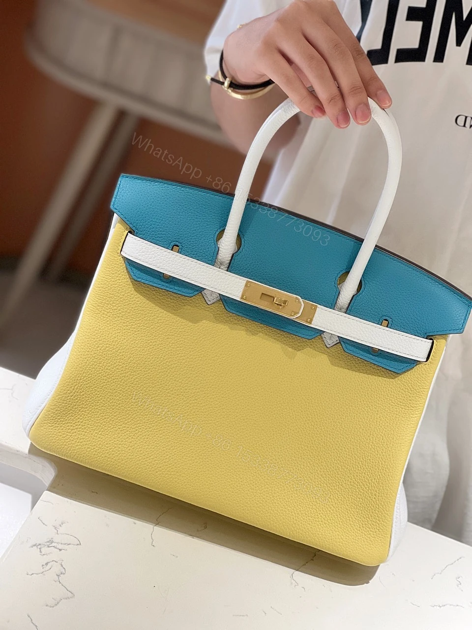 View 6 of Hermès Lime, Bleu de Galice and Gris Perle Chèvre Tri-Color HSS Birkin 25 Brushed Gold Hardware