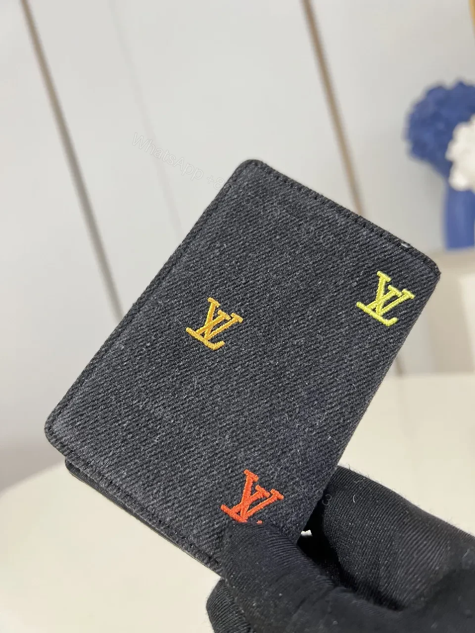 View 2 of Denim Compact Wallet: Embroidered LV-Inspired Accent