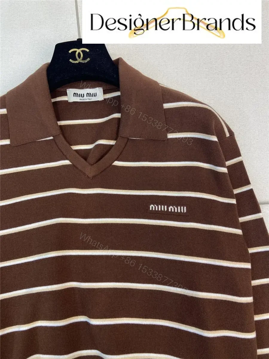 View 8 of Warm-Brown Ivory Striped Polo Knit: Lightweight, Structured Comfort